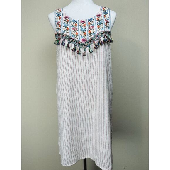 entro Dresses & Skirts - Entro Anthropologie Size L Dress Boho Chic Striped Embroidered W/ Tassels EUC